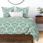 tropical playful monkeys/coral and green on mint/large