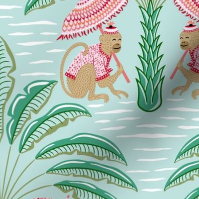 tropical playful monkeys/coral and green on mint/large