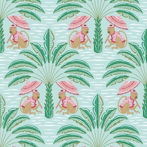 tropical playful monkeys/coral and green on mint/large