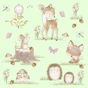Watercolor Woodland Animals Baby Nursery Green Large  