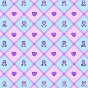 Mini Trellis diagonal Check with hearts and flowers in blue and pink