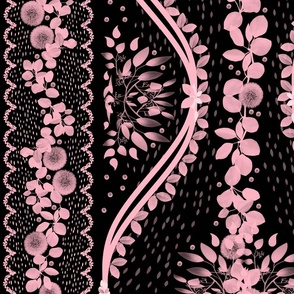 Bygone Times Eucalyptus Dandelion Panel Floral, Rose Pink on Black, Large