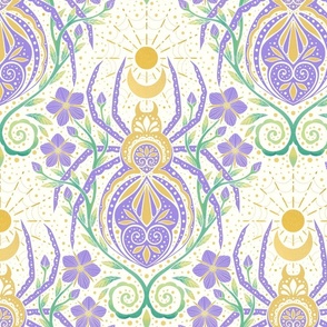 Whimsical spider garden -purple, green and gold - motifs - wallpaper - floral - watercolor - home decor - bedding - wallpaper - curtains.