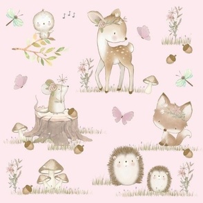 Watercolor Woodland Animals Baby Nursery Pink Large