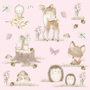 Watercolor Woodland Animals Baby Nursery Pink Small 