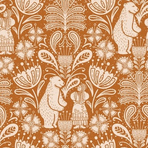 Whimsical Bear and Folk Maiden | 24" | Earthy Folk Block Print whimsical and glam woodland pattern with paisley florals | Burnt Sienna Background