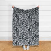 FOLK BEAR AND MAIDEN | 24" | Glam and whimsy block print tale - woodland paisleys and florals with bears and humans in nature harmony |  Midnight Blue and Stone Grey