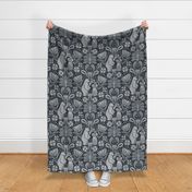 FOLK BEAR AND MAIDEN | 24" | Glam and whimsy block print tale - woodland paisleys and florals with bears and humans in nature harmony |  Midnight Blue and Stone Grey