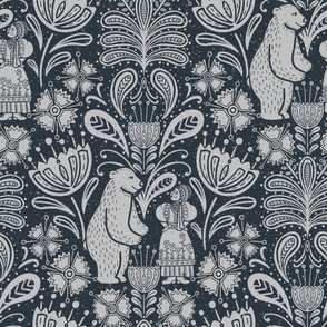FOLK BEAR AND MAIDEN | 24" | Glam and whimsy block print tale - woodland paisleys and florals with bears and humans in nature harmony |  Midnight Blue and Stone Grey