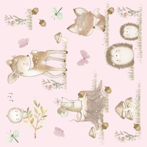 Watercolor Woodland Animals Baby Girl Nursery Pink Rotated 