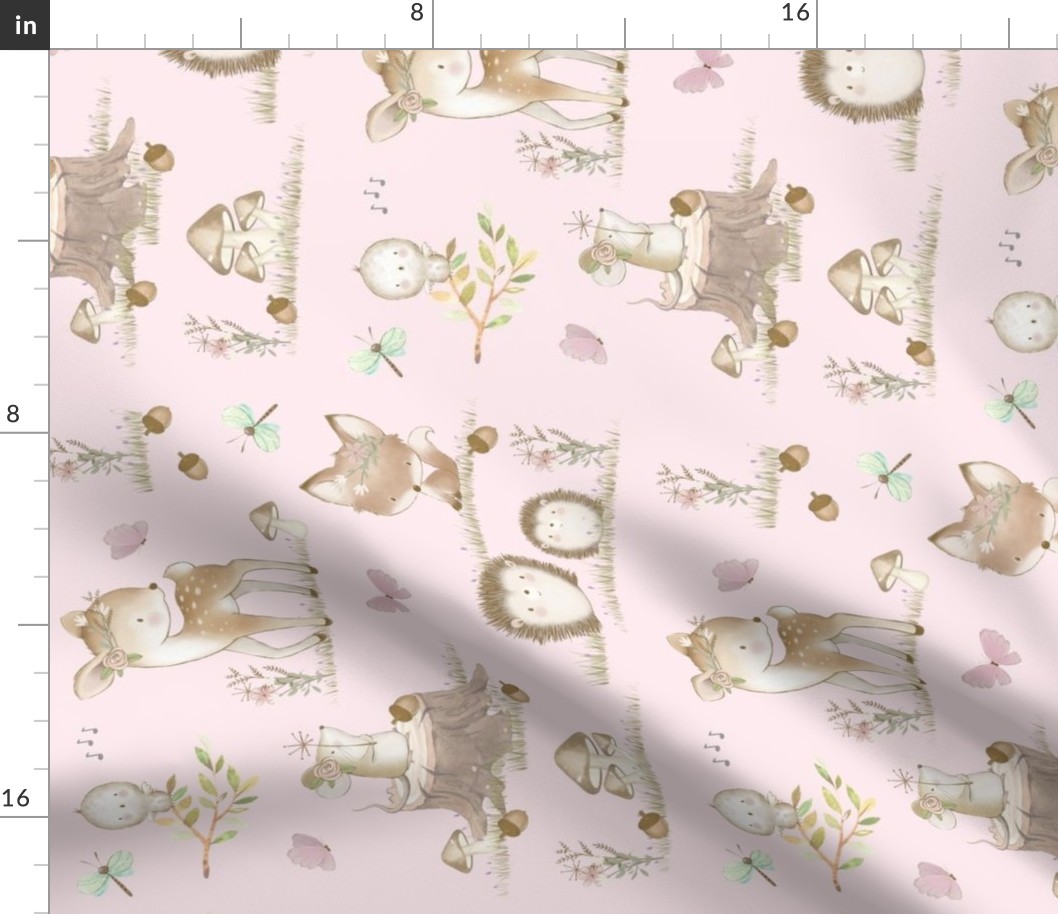 Watercolor Woodland Animals Baby Girl Nursery Pink Rotated 