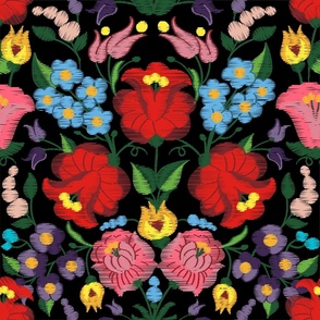 Hungarian Traditional Kalocsai Floral Embroidery Large Scale Black