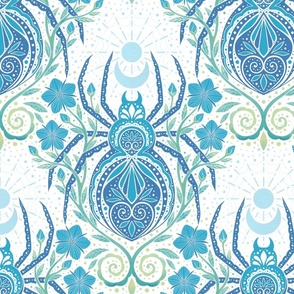 Whimsical spider garden -blue and green - motifs - wallpaper - floral - watercolor - home decor - bedding - wallpaper - curtains.
