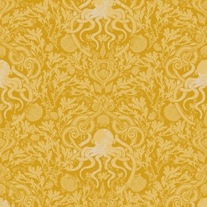 Tropical Art Nouveau Octopus Damask in Pineapple Yellow Lani