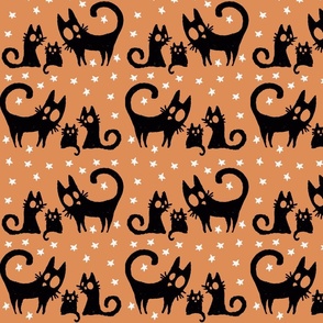 Ghosts Cats in the  playful Halloween night on retro orange and pink stars_ small scale