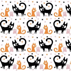 Ghosts (black pink and orange) Cats in the  playful Halloween night on cream_ small scale