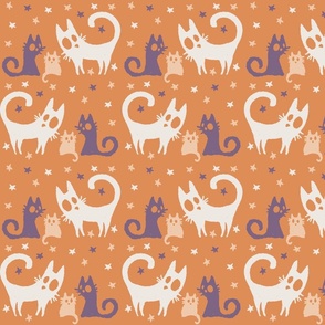Ghosts cream, peach and purple Cats in the  playful Halloween night on retro orange _ small scale