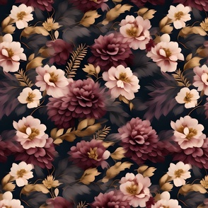 burgundy maximalist floral with gold leaf