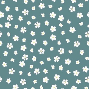 Ditsy White Strawberry Blossoms Scattered on Teal Green to coordinate with Strawberries on Tan