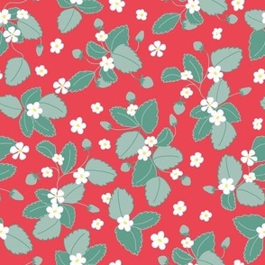 Strawberry Plants on Red with Cute Green Strawberries Growing in this Seamless Repeat Pattern
