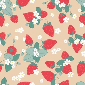 Lucious Red Strawberries Ready to Pick Off the Plant of Teal Green with White Blossoms on a Tan Background