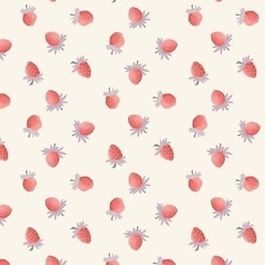 S - Scattered strawberries on a creamy white background