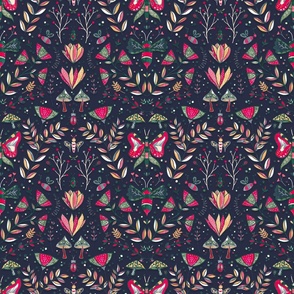 Metallic Bugs and Flowers Navy Background