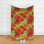 Retro roses damask, XL scale, pea green and orange floral