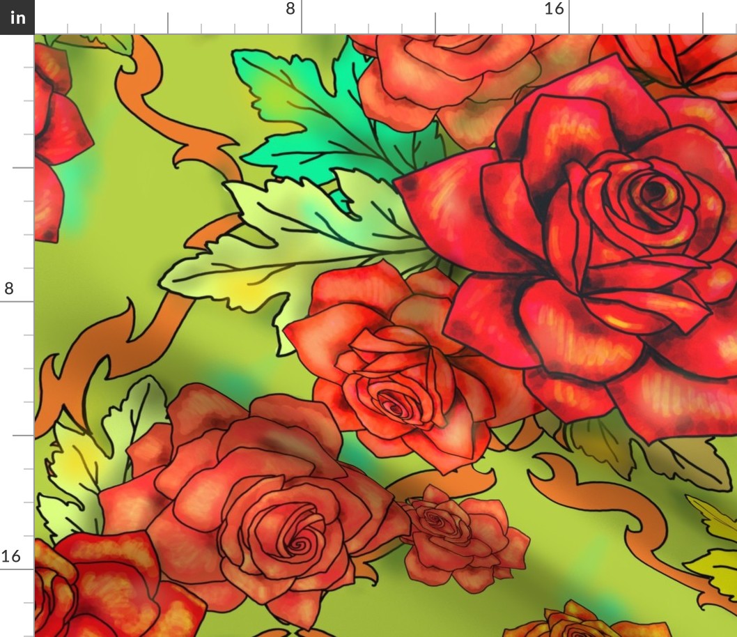 Retro roses damask, XL scale, pea green and orange floral