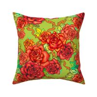 Retro roses damask, large scale, pea green and orange floral