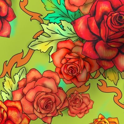 Retro roses damask, large scale, pea green and orange floral