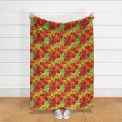 Retro roses damask, large scale, pea green and orange floral