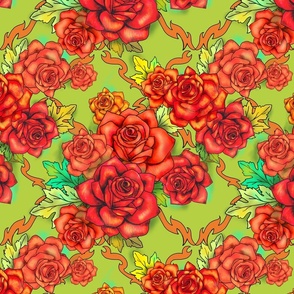 Retro roses damask, large scale, pea green and orange floral