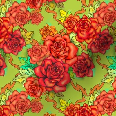 Retro roses damask, small scale, pea green and orange floral 