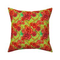 Retro roses damask, small scale, pea green and orange floral 