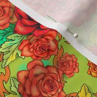 Retro roses damask, small scale, pea green and orange floral 