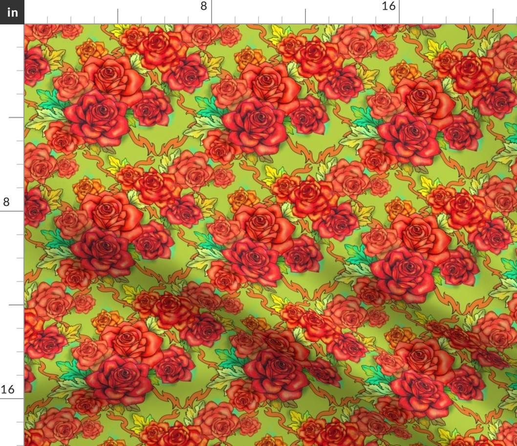Retro roses damask, small scale, pea green and orange floral 