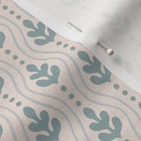 Linen Stamped Leaves and Stripes Blue