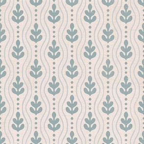 Linen Stamped Leaves and Stripes Blue