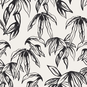 LARGE VINTAGE BOHO WINTER TROPICAL PALM LEAVES-CLASSIC BLACK AND WHITE