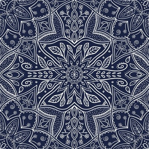 (L) intricate white / golden mandala in dark blue