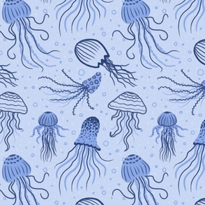 Jellyfish Underwater World Monochrome Blue - Large Scale