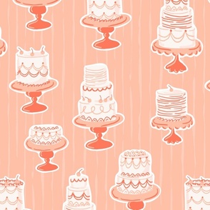Colourful kitsch hand drawn layered cakes in coral pink