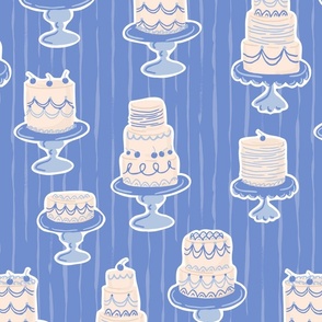 Colourful kitsch hand drawn layered cakes in cornflower blue