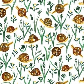 small - Snails in grass - cheerful hand-painted yellow and brown snails in green wild grasses on white