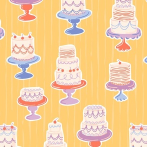 Colourful kitsch hand drawn layered cakes in jonquil yellow