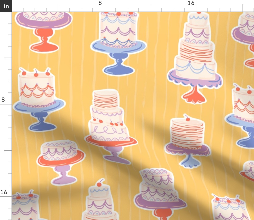Colourful kitsch hand drawn layered cakes in jonquil yellow
