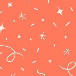 Bright and fun hand-drawn confetti and stars in red orange vermillion