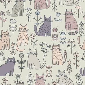 Sketchy Cute Cat Pattern Ivory