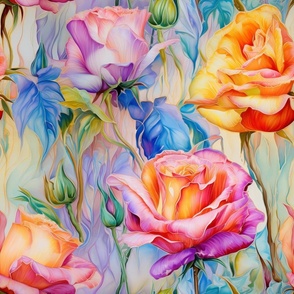Watercolor Painted Rainbow Dreamy Roses and Flowers
